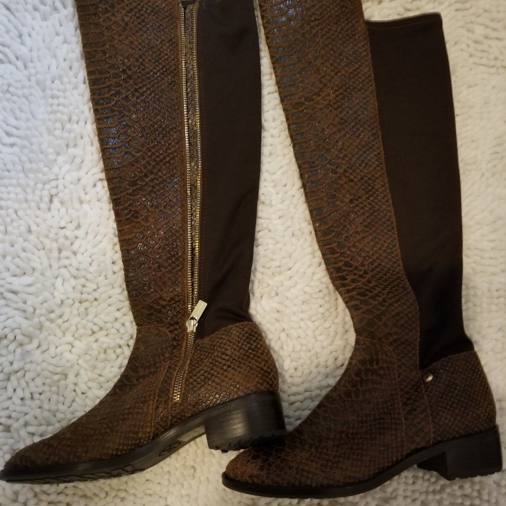 Michael Kors Hamilton distressed  chocolate snake skin stretch boots
